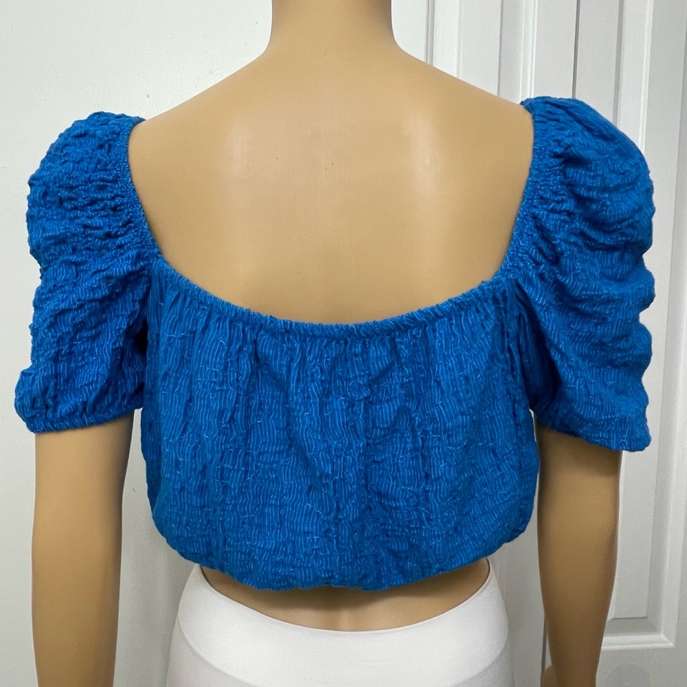 Zara Balloon Puff Sleeve Electric Blue Textured Crop Top Women’s Size S - Picture 7 of 9